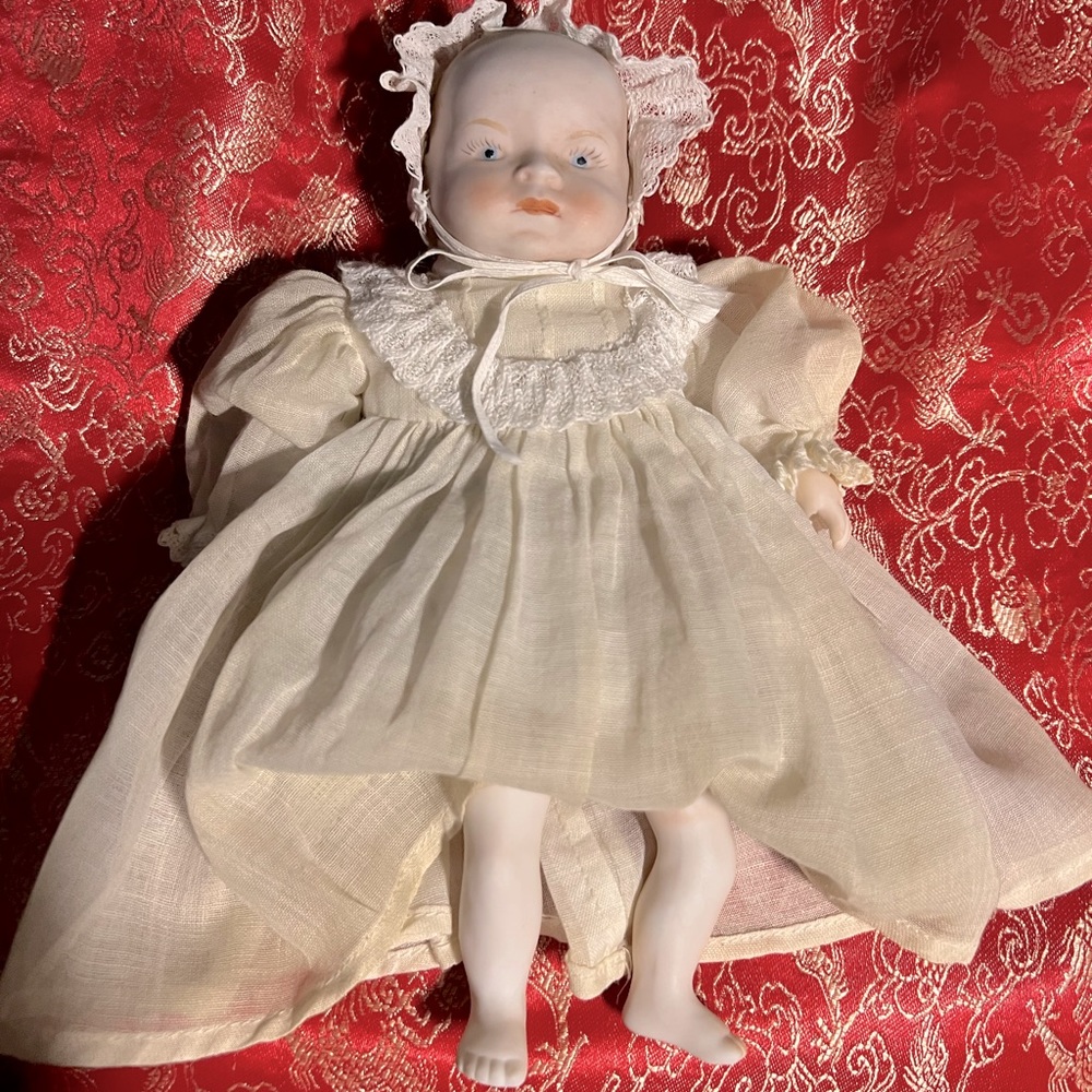 Antique original baby doll 1920s German bisque porcelain/ fabric 12”x5” Japan